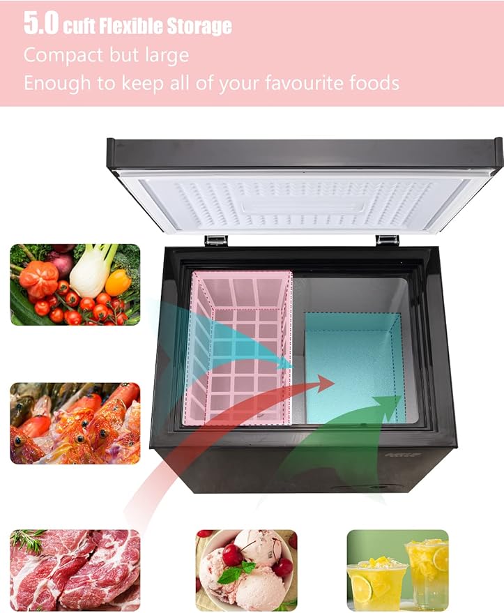 5.0 Cu.Ft Chest Freezer with 7 Gears Temperature Control(-16°F to -48°F), Deep Compact Freezer with a Removable Basket, for House, Kitchen, Garage, Basement, Shop, Black