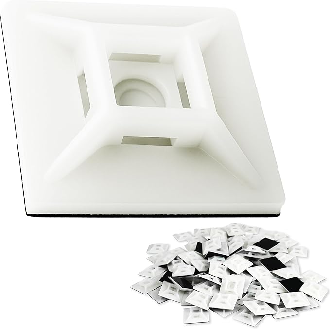 Large, Premium Zip Tie Adhesive-Backed Mounts 100 Pk by Phyxology Supply. Pro-Grade, UV White Cable Tie Bases: 1.1 in x 1.1 in. Screw-Hole Anchor Point Gives High-Strength Durability for Long-Term Use