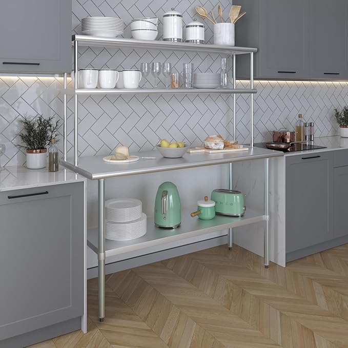 Amgood Stainless Steel Work Table Double Tier Overshelf | Metal Kitchen Prep Table & Shelving Combo (24" x 60" Work Table + 12" Overshelf)