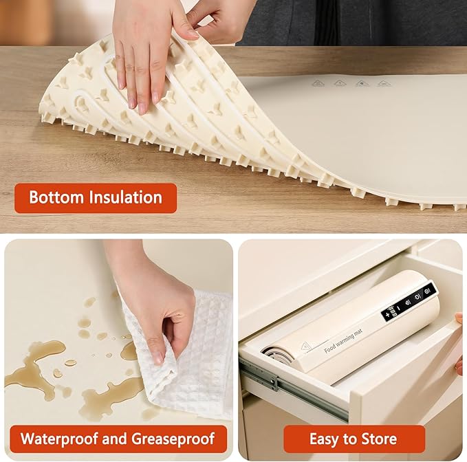 Extra Large Food Warming Mat with Heat - Electric Silicone Food Warming Tray for Buffet, Rollable Food Warmer Mat for Countertop,Heating Mat with Timer and 7 Heat Levels, Rollable Portable Food Warmer