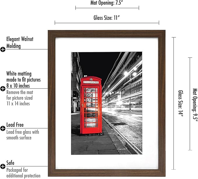 Americanflat 11x14 Picture Frame with Shatter-Resistant Glass - Use as 8x10 Frame with Mat or Display 11x14 Photo Without Mat - Signature Collection - Picture Frames for Wall Display - Walnut