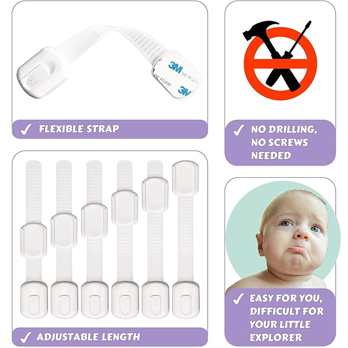 Baby Proofing Safety Cabinet Locks - Child Proof Latches for Drawer Cupboard Dresser Doors Closet Oven Refrigerator - Adjustable Childproof Straps by Oxlay - White - 6 Pack