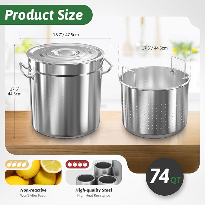 74-Quart Stainless Steel Seafood Boil Pot with Lid,Crab, Lobster, Shrimp Boil Stock with Strainer, Turkey Fryer Pot, Stock Boiler Deep,Fried Cooker for Commercial Outdoors