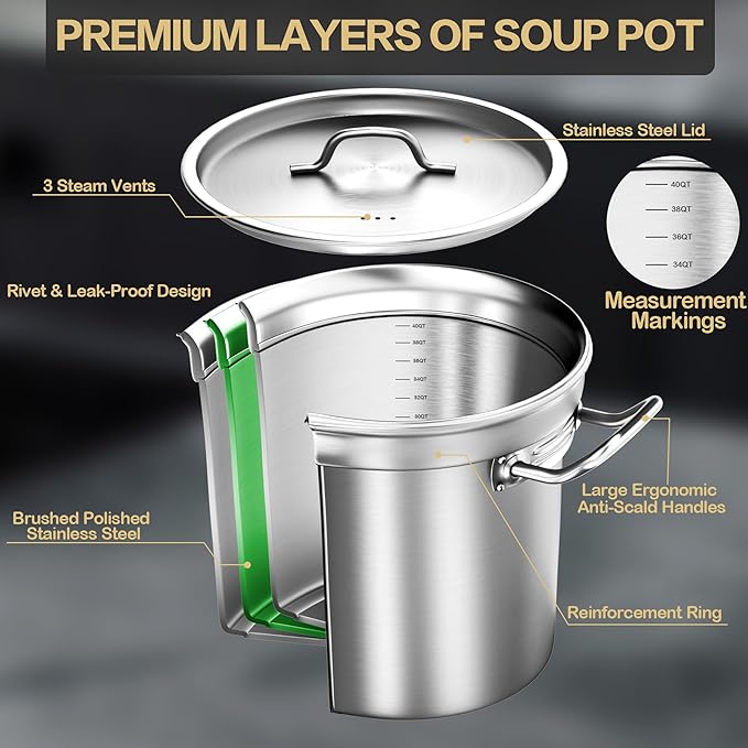 Stainless Steel Stockpot – 40QT Stock Pot with Lid, Heavy-Duty Tri-Ply Bottom Cooking Pot for Canning, Boiling Beer Brewing, Soup, Seafood Boil – Satin Finish Stainless Steel Soup Pot