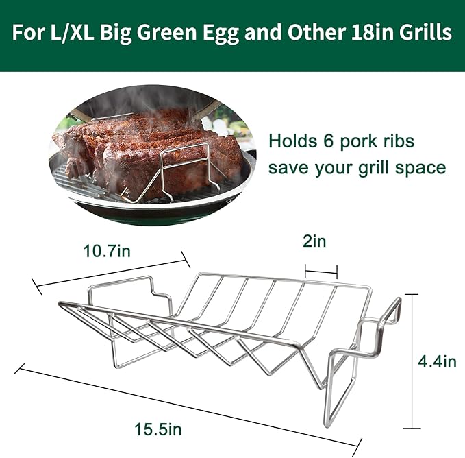 Rib Rack and Turkey Rack for Smoking and Grilling, Stainless Steel Dual-Purpose Roasting Rack for L/XL Big Green Egg, Kamado Joe, and Other 18" Grills
