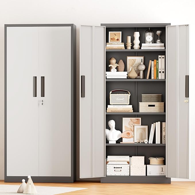 Crownland 63" Metal Storage Cabinet, Lockable Garage Storage Cabinets, High Office Cabinet with Adjustable Shelves for Garage, Home Office, Pantry, File(Grey & Light Grey)