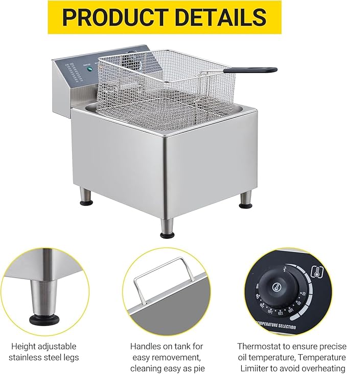 TROPOW 11L Commercial Deep Fryer | 304 Stainless Steel Electric Countertop Fryer with XL Basket & Lid | 1700W 110V for Restaurant & Home Kitchen