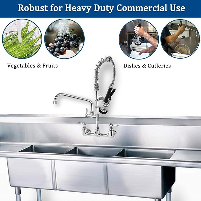 Commercial Sink Faucet with Sprayer, Wall Mount, 12' Swing Spout, 8 Adjustable Center, 25' Height for Restaurant Compartment Sink, Industrial, Chrome
