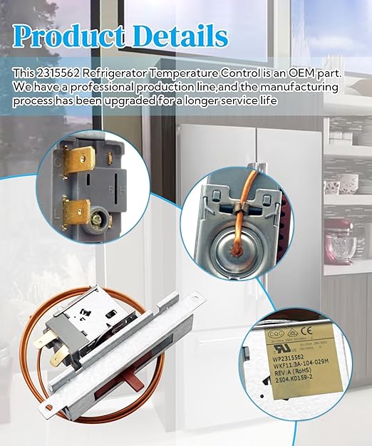 WP2315562 Refrigerator Temperature Control Thermostat Fits for Whirlpool,Maytag,Kitchen Aid,Kenmore,Amana Fridge/Freezer,Replaces W11088945,W11035627,2315562,2161282 etc