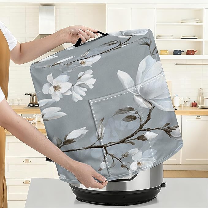 Kitchen Appliance Accessories Dust Cover for 3-6-8 Quart Instant Pot, Pressure Cooker, Air Fryer & Crock Pot,Decorative Appliance Cloth Cover with Top Handle & Storage Pockets (White, 3 Quart)
