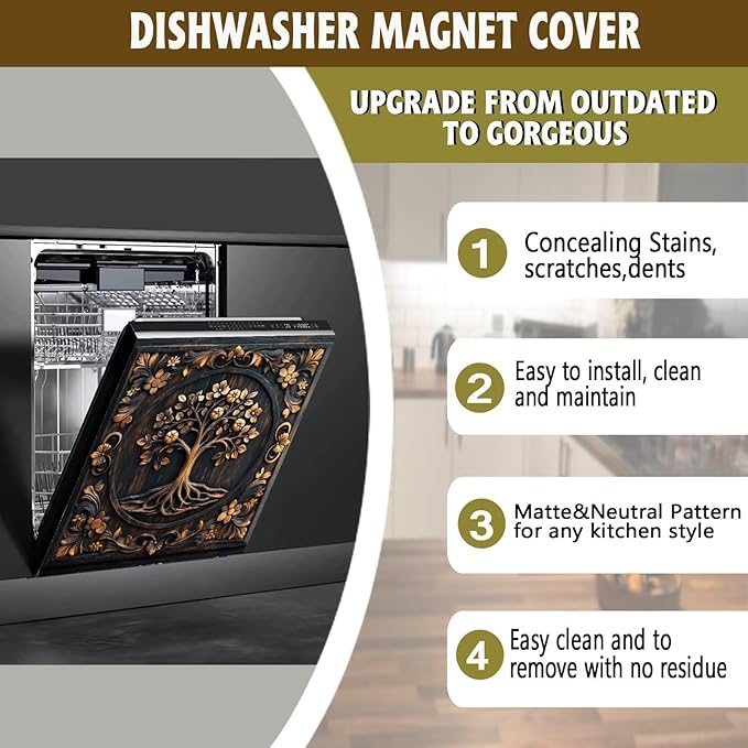 Farmhouse Tree of Life Dishwasher Magnet Cover,Vintage Tree Wood Floral Magnetic Dishwasher Cover Vinyl Sticker,Fridge Door Cover Magnets Art Skin Panel Decal,Home Decor Decal,23"X26"