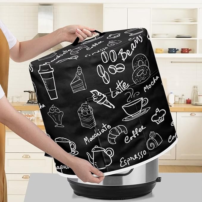 Dust Cover for Kitchen Appliance Accessories for 3 Quart Pressure Cooker Air Fryer Rice Cooker Dust Protection with Storage Pockets, Coffee Dessert Black