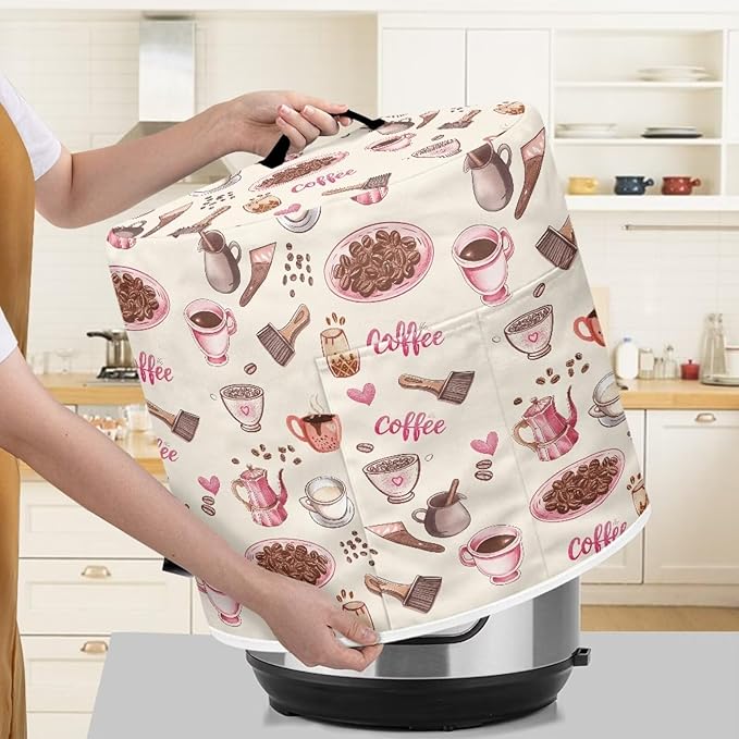 Flashideas Coffee Print Pressure Cooker Cover for Women Dust-proof Cover for Rice Cooker Air Fryer Kitchen Appliance Covers with Top Handle and Pocket Home Kitchen Decor Gifts for Friends