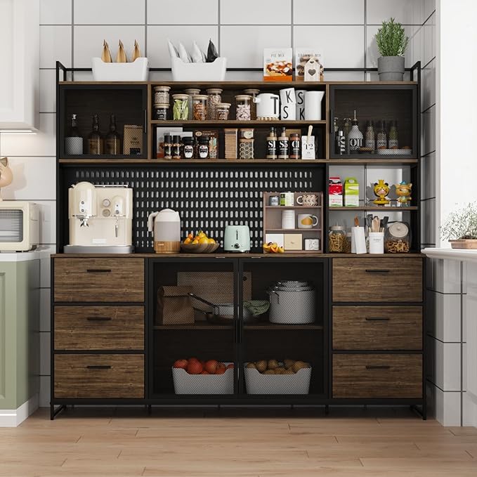 MOUMON Kitchen Pantry Cabinet with Hutch and 4 Doors, Pantry Storage Cabinet with Pegboard & Hutch, 6 Drawers and Shelves, Brown and Black, 15.7”D x 70.9”W x 68.5”H