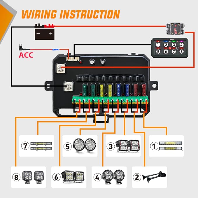 Nilight 8 Gang Switch Panel Blue Circuit Control Relay System with Fuse Wiring Harness Toggle Momentary Strobe Flash Modes Automatic Dimmable ON Off Pod 12V 24V for Car Truck Camper SUV