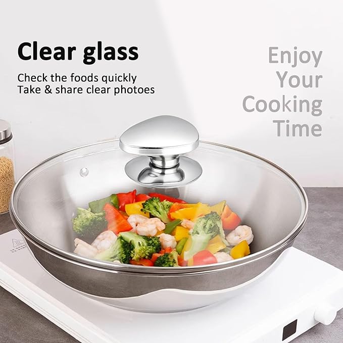 Glass Lid For Pots, Pans and Skillets, Clear tempered Glass Lid Replacement with Vent For Frying Pan, Stock Pot, Cast iron skillet, 8, 9.5, 10.25, 11, 12, 12.5, 13.5 and 14 Inch Stainless Steel Covers