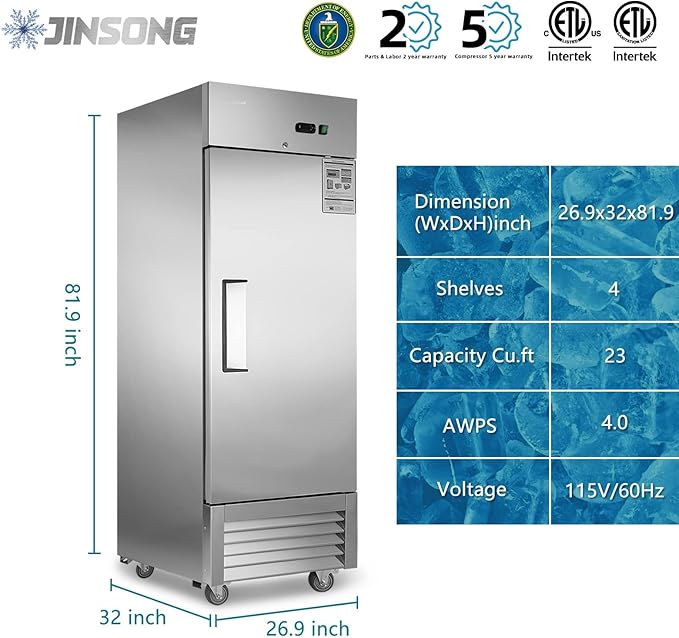 JINSONG 27" Commercial Freezer with Single Solid Door, 23 cu.ft Stainless Steel Reach-in Freezer for Restaurant, Bar, Shop, Residential, with 4 Shelves and 4 wheels