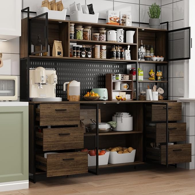 MOUMON Kitchen Pantry Cabinet with Hutch and 4 Doors, Pantry Storage Cabinet with Pegboard & Hutch, 6 Drawers and Shelves, Brown and Black, 15.7”D x 70.9”W x 68.5”H