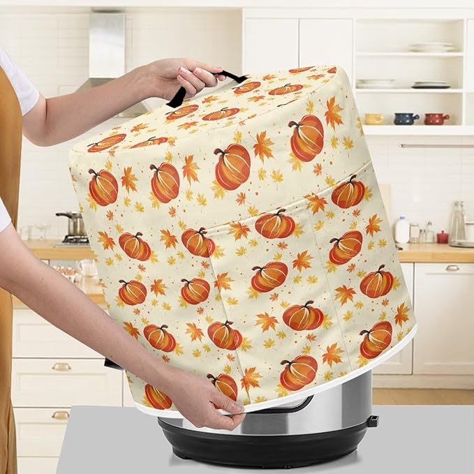 Pumpkins Maple Leaf Print 8 Quart Pressure Cooker Dust Cover with Storage Pocket and Top Handle Kitchen Appliance Air Fryer Rice Cooker Dust Cover Thanksgiving Day Decor