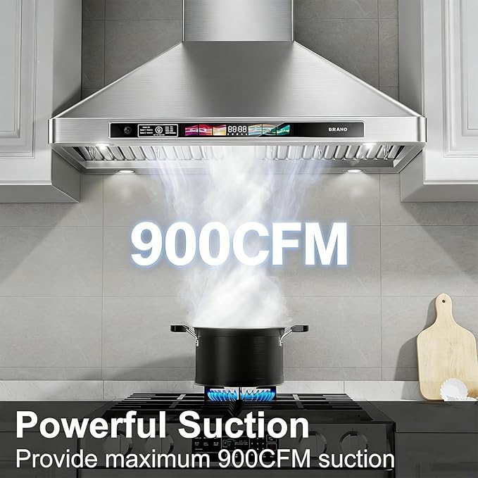 BRANO 30 Inch Wall Mount Range Hood 900 CFM with Voice/Gesture/Touch Control, Stainless Steel Vent Hood with 4 Speed, 4 Adjustable Lights, Ducted/Ductless Convertible