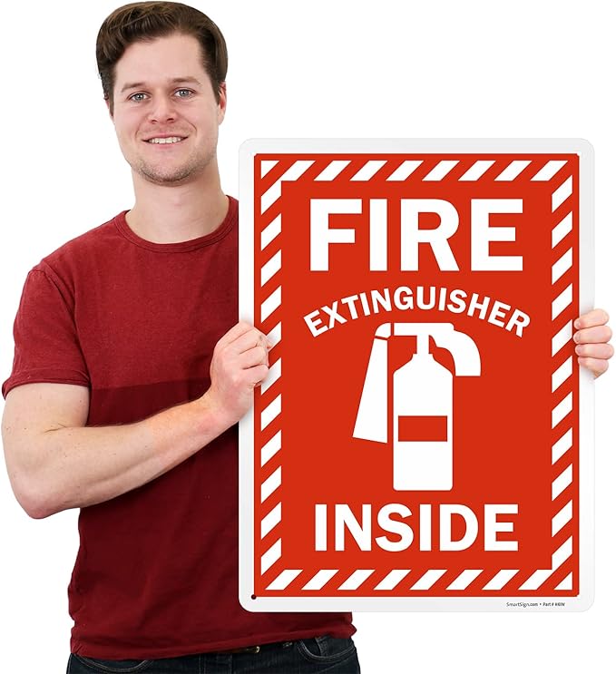 SmartSign 24 x 18 inch “Fire Extinguisher Inside” Sign with Pre-cleared Holes, Digitally Printed, 55 mil HDPE Plastic, Red and white, Made in USA