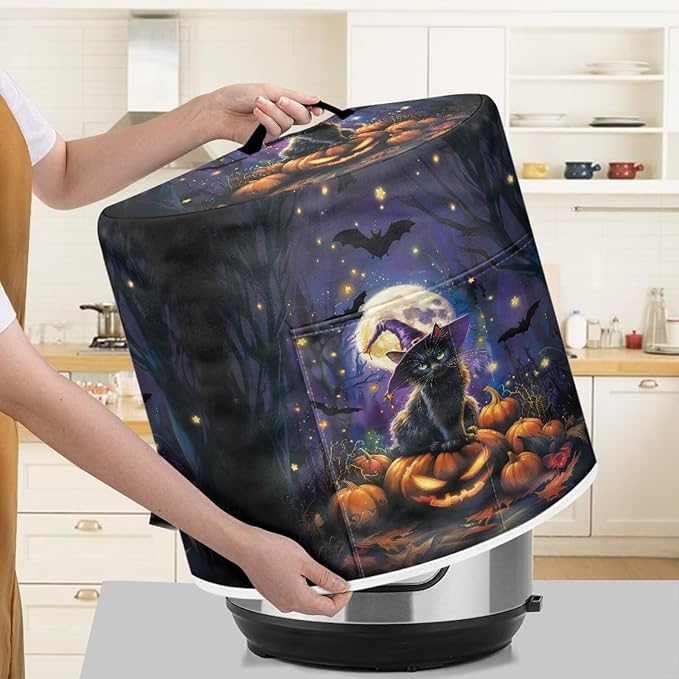 6 Quart Pressure Cooker Dust Cover with Top Handle and Storage Pocket Kitchen Small Appliance Protector Air Fryer Rice Cooker Dust Cover Halloween Moon Night Cat