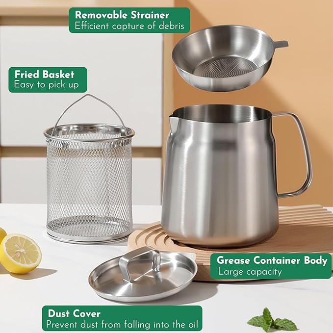 2-in-1 304 Stainless Steel Multifunctional Deep Fryer Pot with Basket & Strainer, Large Capacity Oil Filter Pot, Bacon Grease Container with Steel Pour for Kitchen, Camping, Cooking (68oz/2L)