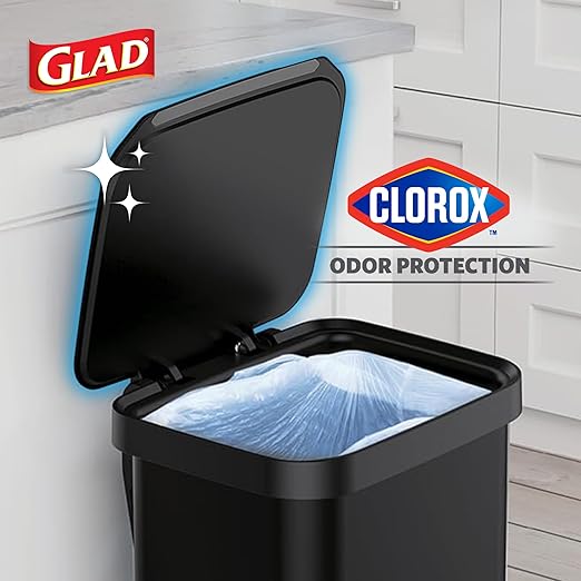 Glad Stainless Steel Step Trash Can, Series 2 with Clorox Protection - Large Black Kitchen Garbage Bin with Soft Close Lid, Foot Pedal and Waste Bag Roll Holder, 13 Gallon