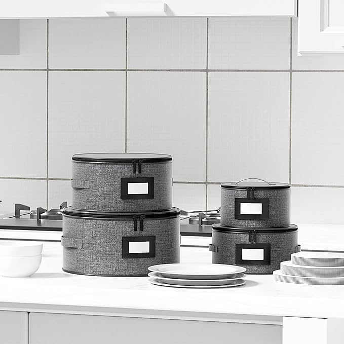 Aokeyee 4-Piece Plate Storage Box, Hard Shell Storage Containers with 48 Soft Dividers for Saucer, Dessert, Salad & Dinner Plates, Sturdy Quilted Stackable Dish Organizer for Moving & Protection, Grey
