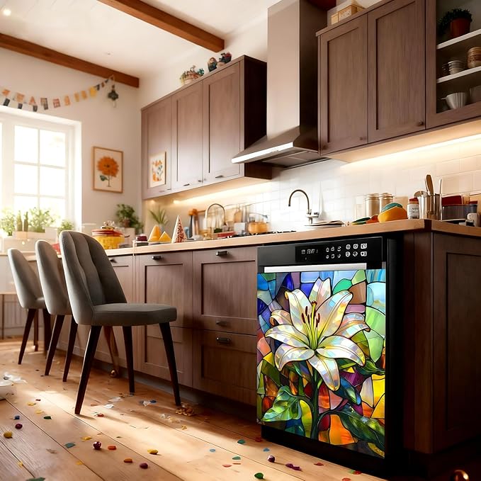 Dishwasher Magnet Cover, Creative Patterns Sticker, Dishwasher Magnetic Decoration, Refrigerator Protection Decoration, Lily, Kitchen Art Decoration 23x25.5 inches