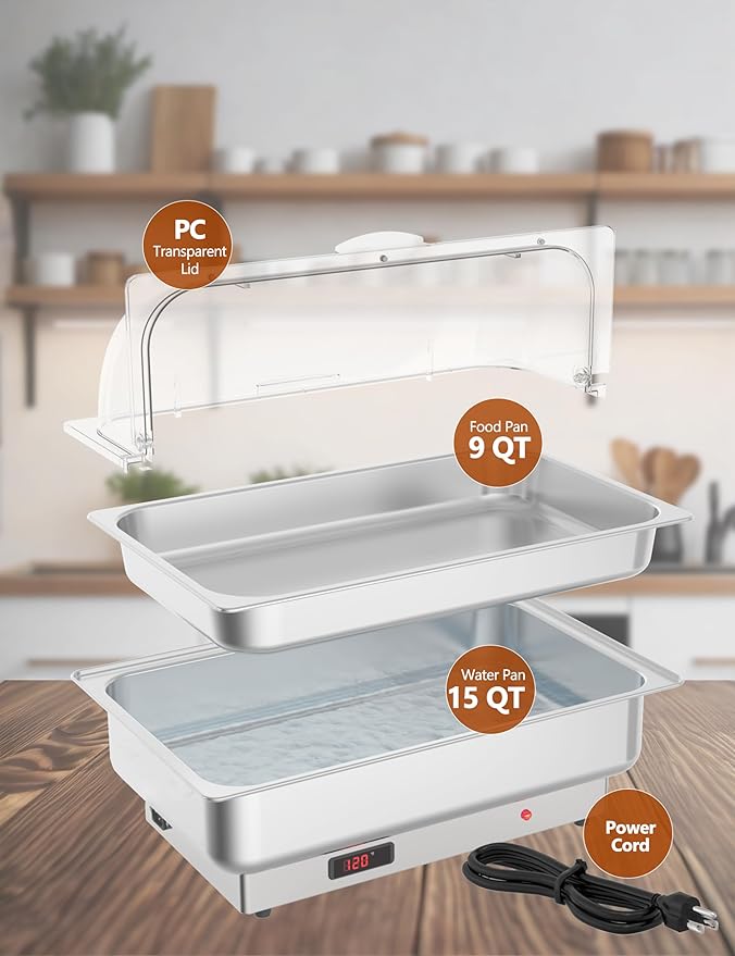 Rectangular Chafing Dish Electric Buffet Set with Temperature Control, 9QT Roll Top Stainless Steel Food Servers and Warmers with Transparent Lid for Catering Wedding and Parties