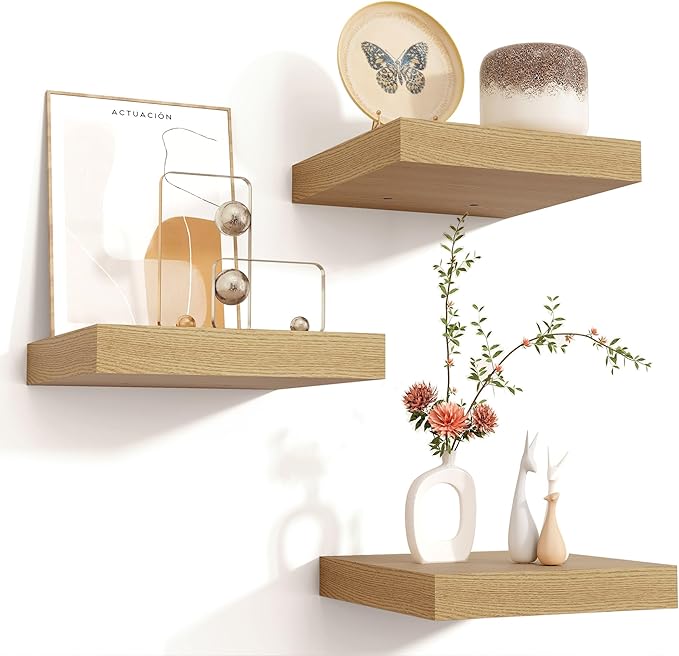 Square Floating Shelves for Wall 8"W x 8"D x 1.2"H, Small Engineered Wood Wall Shelves with Invisible Brackets for Living Room Bedroom Bathroom Office Kitchen Storage & Decor, Oak Finish, Set of 3