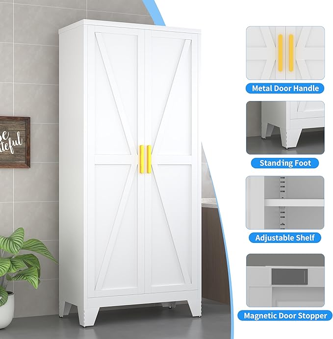 71" Tall Pantry Cabinet, White Metal Pantry Storage Cabinet, Kitchen Pantry Storage Cabinets with 2 Door and 4 Adjustable Shelves (White, 71" Modern)
