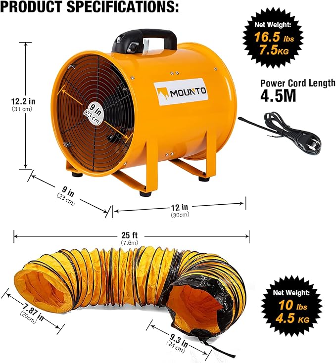 MOUNTO COMBO Heavy Duty Cylinder Fan with 25-foot Vinyl Hose (8inch)