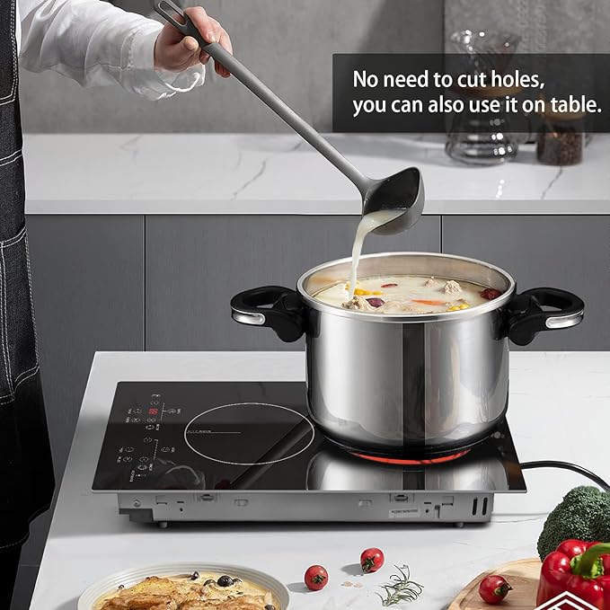 Karinear 2 Burners Electric Cooktop, 120v Plug in Ceramic Cooktop, 12 Inch Countertop & Built-in Electric Stove Top with Child Safety Lock, Timer, Over-Temperature Protection, Sensor Touch Control