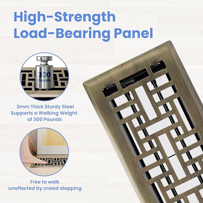 4x10 Inches 6 Pack Heavy Duty Walkable Floor Register - Easy Adjust Air Supply Lever Decorative Floor Vent Covers, Seattle Design Vent Covers for Home - Antique Brass