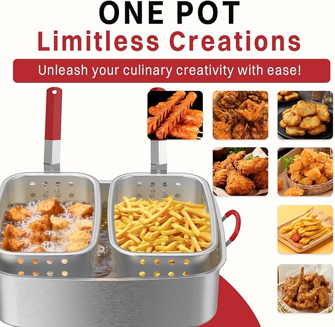 18QT Aluminum Deep Fryer Pot with 2 Baskets | Lid | 9" Fryer Tong | 6" Thermometer | Outdoor Fish Fryer Pot | Ideal for Frying Fish | French Fries | Chicken Wings