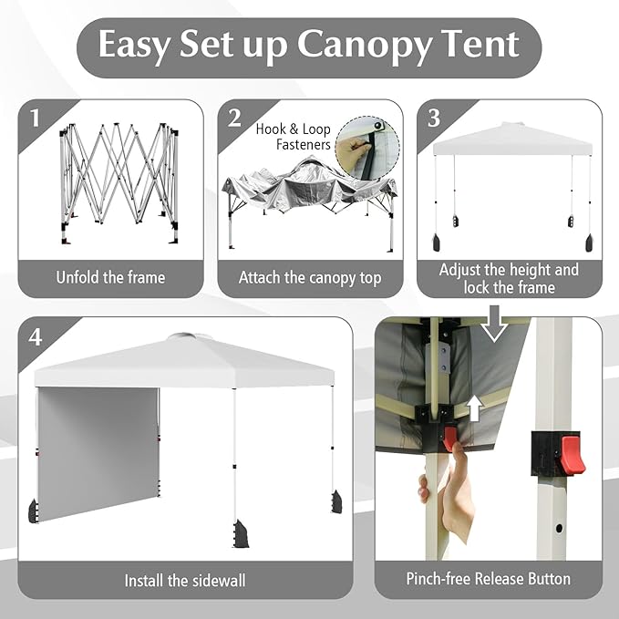 Tangkula 10x10 FT Pop up Canopy with Sidewall, Easy Setup Outdoor Tent with Wheeled Bag, 4 Sandbags, 4 Ropes, 4 Anchors, 8 Stakes, Vented Top, Portable Canopy Tent for Party Event Patio (White)