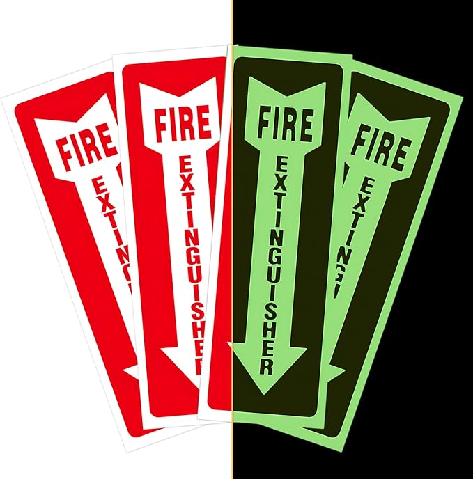 4 PCS Fire Extinguisher Signs,Glow in The Dark fire Extinguisher Sticker, 4"x12" Photoluminescent PVC Vinyl, High Adhesion UV Waterproof Label for Indoor Outdoor, Office, School, Hospital Use