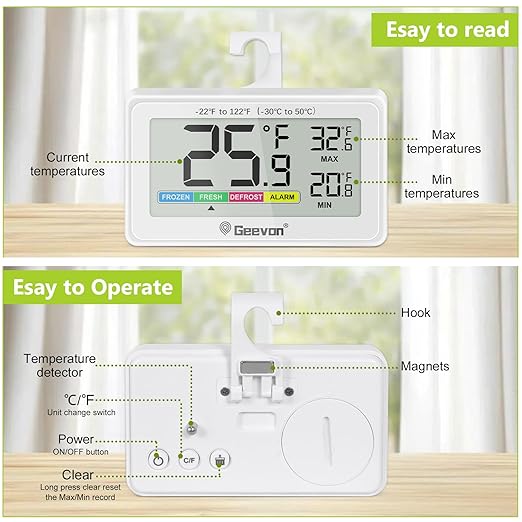 Geevon Digital Refrigerator Thermometer 4 Pack,IP65 Waterproof Fridge and Freeze Thermometer with Magnetic Back Large LCD,Max/Min Record Function for Home,Commercial