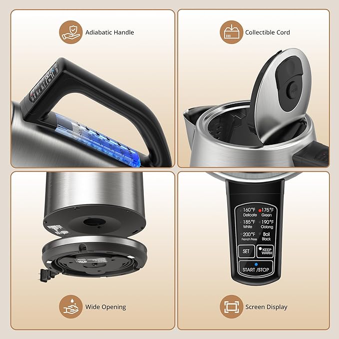 Electric Kettle Temperature Control, 1.7L Electric Kettle with 6 Temperature Settings, 1500W Cordless Hot Water Boiler Heater, Strix Thermostat, Touch Control, Auto-Shutoff/Boil-Dry Protection