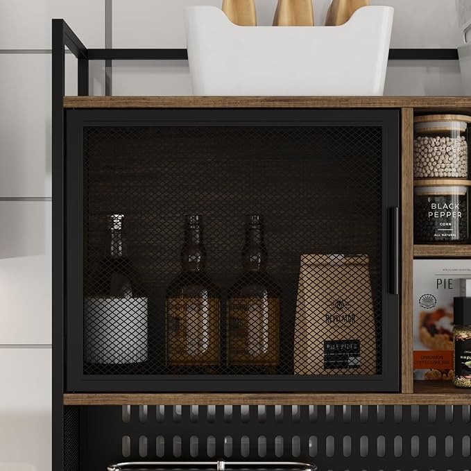 MOUMON Kitchen Pantry Cabinet with Hutch and 4 Doors, Pantry Storage Cabinet with Pegboard & Hutch, 6 Drawers and Shelves, Brown and Black, 15.7”D x 70.9”W x 68.5”H