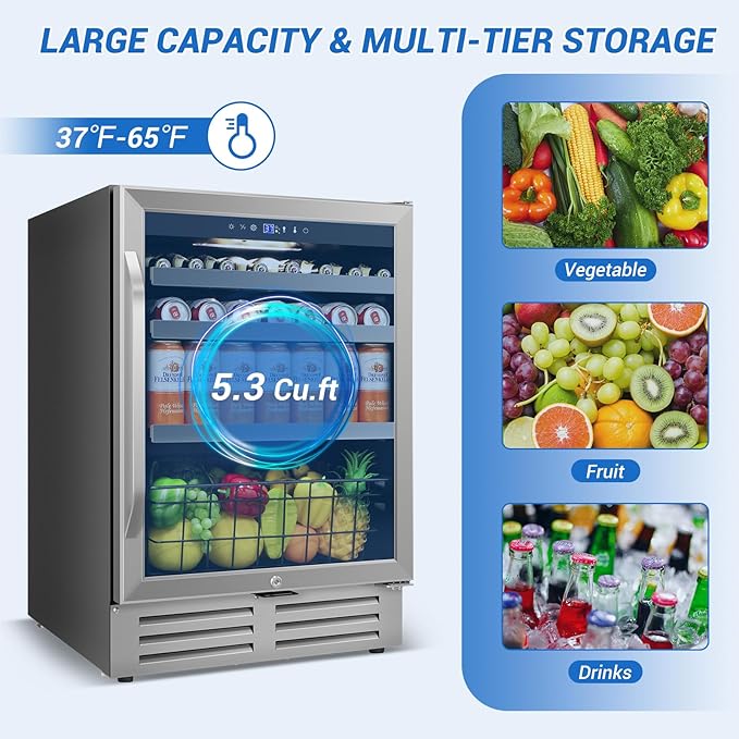 24" Beverage Refrigerator Cooler Under Counter, 180-Can Capacity, 24 Inch Wide Built-In Beer & Drink Fridge with Glass Door With Metal Basket for Home, Bar & Office