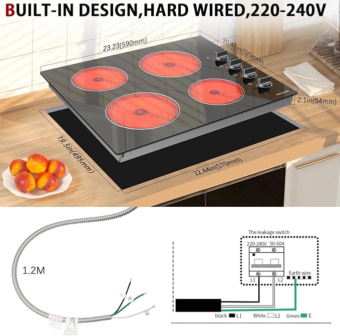 Noxton 24 Inch Electric Cooktop 4 Burners Electric Stove Top, Built-in 24" Radiant Ceramic Cooktop with Knob Control, Hot Surface Indicator, 220-240v,6000W, No Plug, Hard Wire