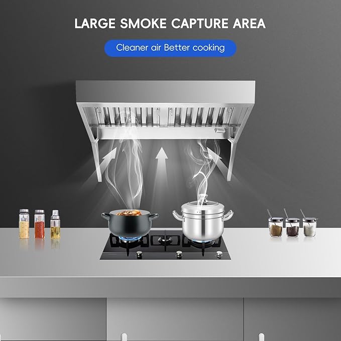 9FT Commercial Kitchen Exhaust Hood, Wall Mount Stainless Steel Vent Hood with 2 Detachable u-Shaped Filters, Rust-Resistant Food Truck & Restaurant Range Hood for Concession Trailer Cooking Station