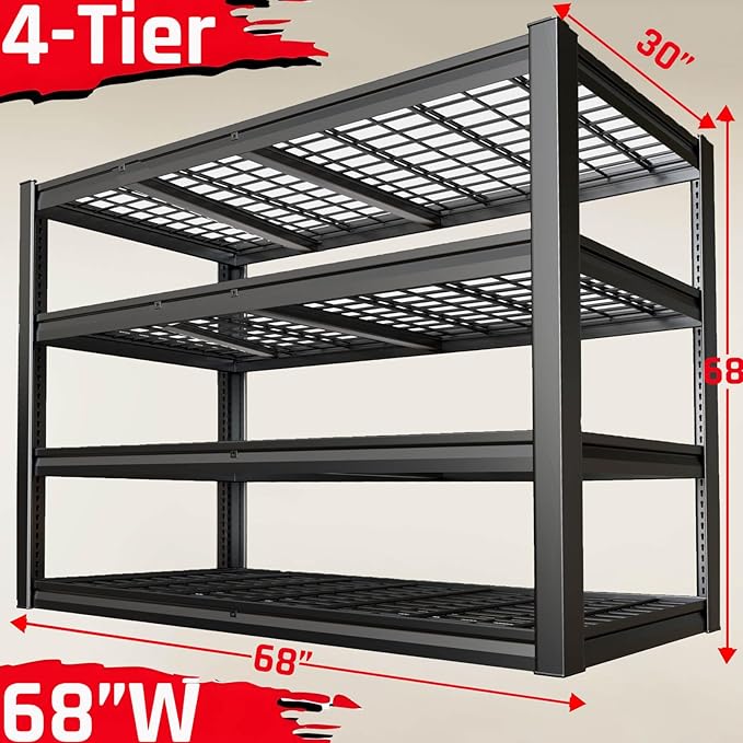 30" Deep Heavy Duty Garage Shelving Units, 68" Wide Storage Shelves,4-Tier Metal Garage Shelves, Kitchen Shelf,Large Storage Rack,Industrial Shelving for Shop, 68" W x 30" D x 68" H,2 Pack