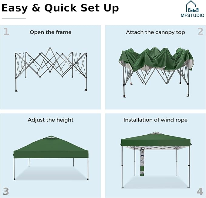 MFSTUDIO 10x10 Pop up Canopy Tent, Gazebo Shelter Sun Shade Canopies One Push Setup Portable Popup Easy Set up Tents with Vented Top,Storage,4 Sandbags,for Beach,Parties,Camping