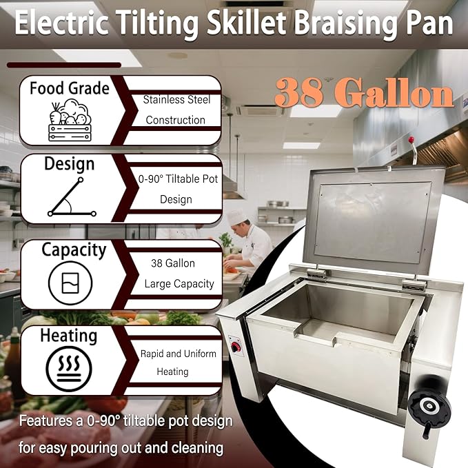 Commercial Tilting Skillet Braising Pan 38.3Gal (145L) Stainless Steel High-Capacity Fry Pan for Restaurants, Hotels, Batch Cooking 220V 3PH