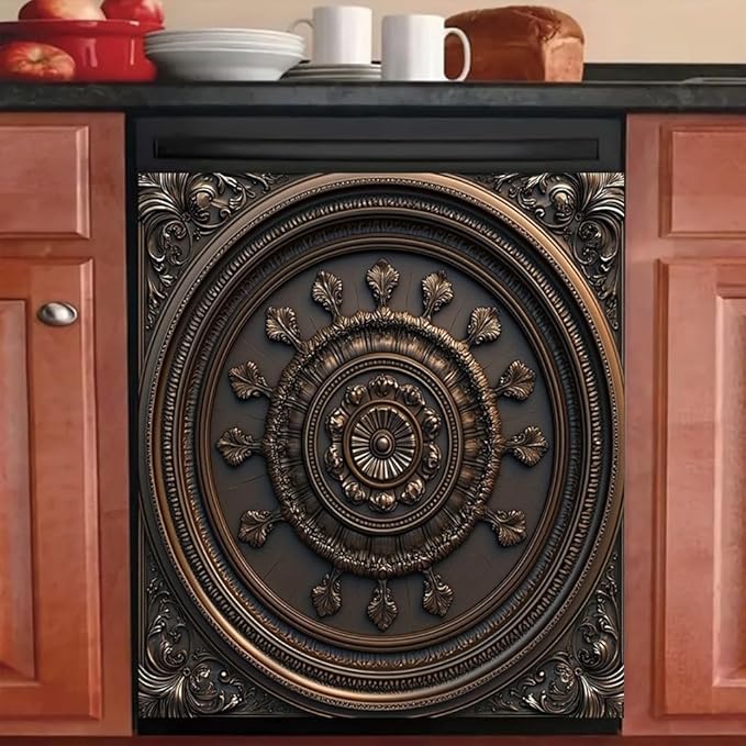 2D Flat Antique Bronze Round Embossed Dishwasher Magnetic Cover 23x26 Inch ClassicOrnamental Pattern Appliance Magnet for Kitchen Decor
