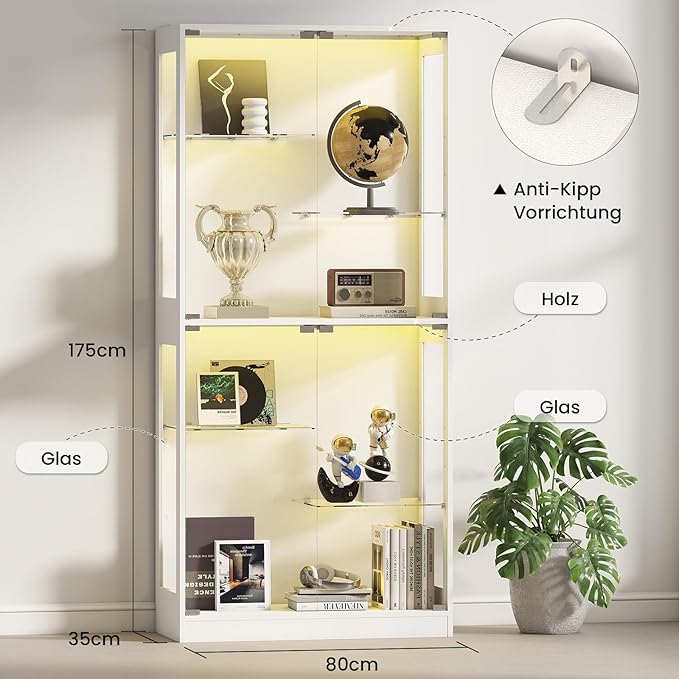 69-Inch Glass Display Cabinet - Adjustable Shelves Display Case, Curio Cabinet with RGB Lighting, for Game Room, Living Room, Bedroom, White
